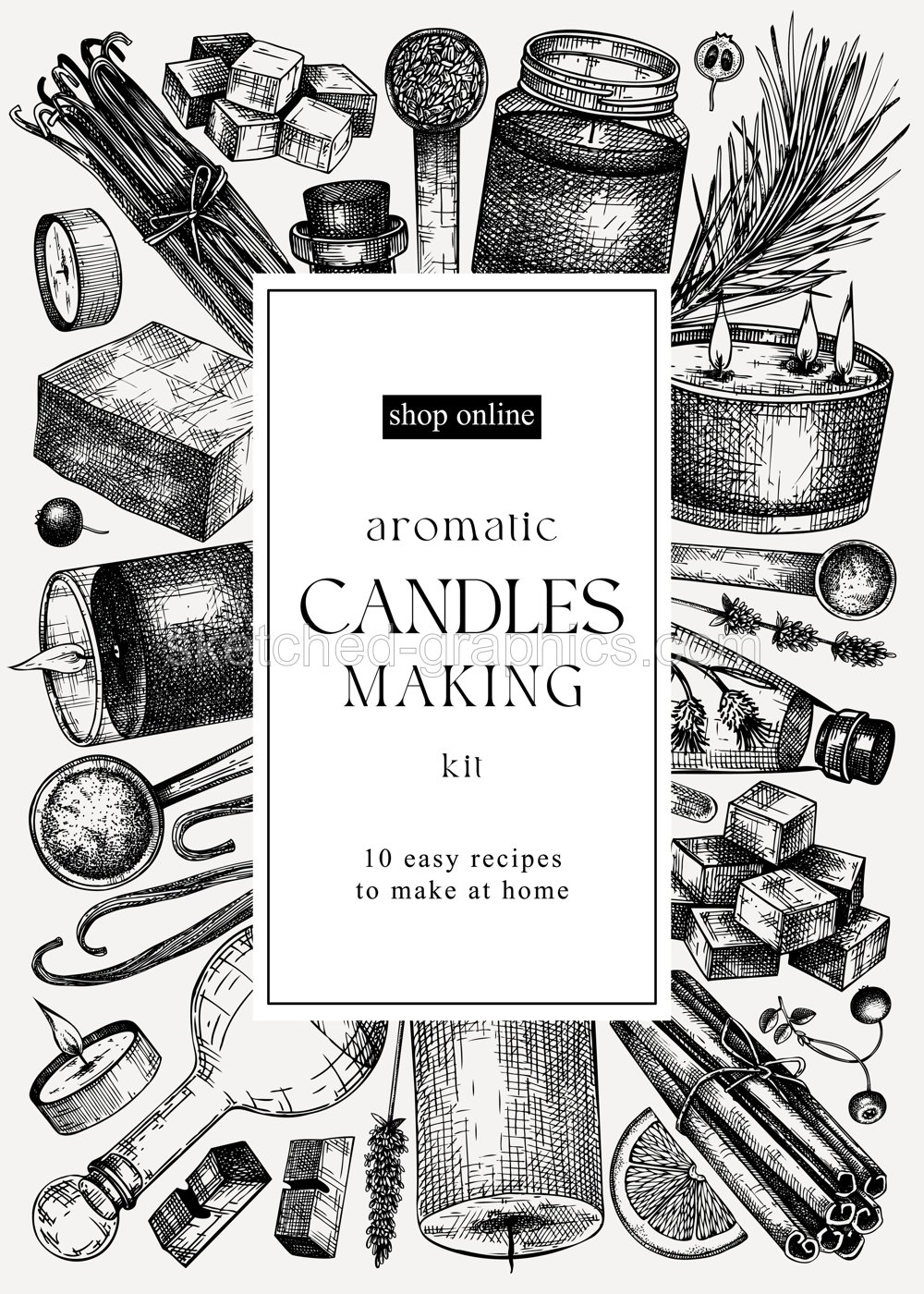 Scented candles card or flyer design. Hand-sketched aromatic materials and natural ingredients for candle making, cosmetics, perfumery. Great template for branding, packaging, identity, web banners.  Illustration